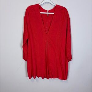 Free People Vibrant Red Deep V Long Sleeve Embroidered Tunic Medium
